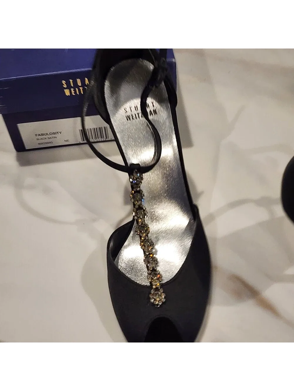 New Stuart Weitzman Fabulosity Black Satin Crystal T-Strap Heels Size 9